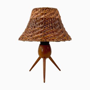 Rattan Wicker and Birch Tripod Table Lamp, Austria, 1950s