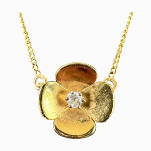 Vintage French Quatrefoil Flower Pendant in 18 Karat Yellow Gold with Diamond, 1950s
