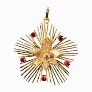 Collier Pendentif Vintage Flower Sunburst en Or Jaune 18 Carats et Rubis, 1950s