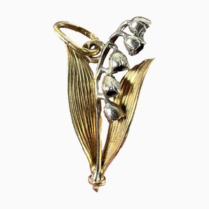 Vintage French Lily of the Valley Charm Pendant in 18 Karat White and Yellow Gold, 1940s