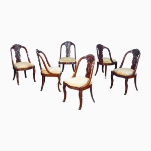 Chaises Charles X en Noyer et Velours, 1800s, Set de 6
