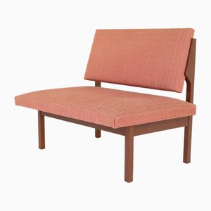 Vintage Lounge Bench in Wood and Brick Red Fabric, 1970s