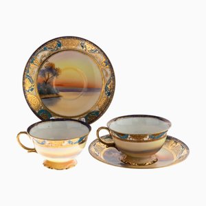 Japanische handvergoldete Art Deco Porzellan Teetassen und Untertassen von Noritake, 4er Set