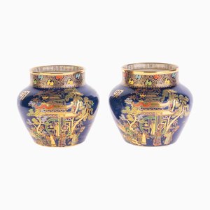 Chinesische Emaille & Porzellan Vasen mit Pagodenmuster von Carlton Ware, 2er Set
