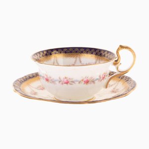 Tazze da tè Art Nouveau in porcellana dorata con piattino di Aynsley, set di 2