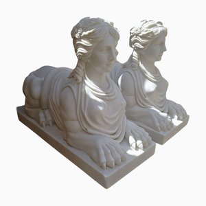 Egyptian Sphinx Sculptures in White Marble, Italy, 20th Century, Set of 2