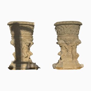 Vintage Italian Hand-Carved Marble Urns with Cherubs, 1980, Set of 2