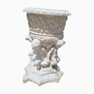 Monumental Hand-Carved Carrara Marble Urn with Cherubs, 20th Century, 1970, Marble