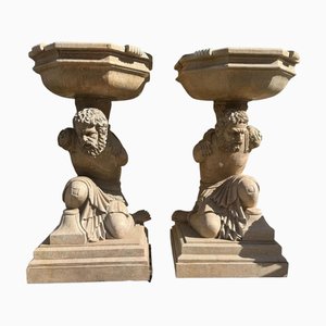 Hand-Carved Travertine and Marble Sculptural Pedestals, 1970