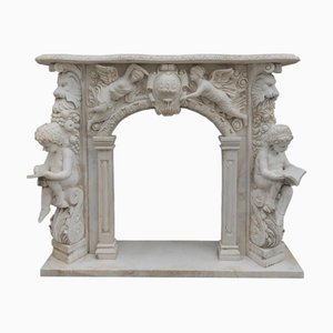 Large Hand-Carved Carrara Marble Fireplace Mantel, 1950