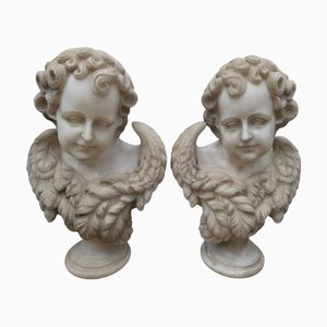 Italian Artist, Cherub Busts, 1970, Carrara Marble, Set of 2