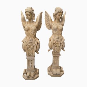 Italian Hand-Carved Marble Allegorical Winged Figures, 1980, Set of 2
