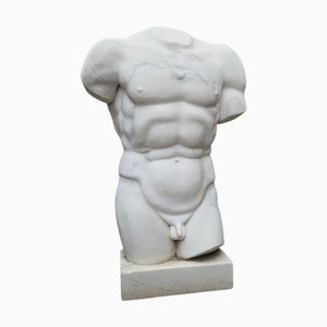 Italian Artist, Hand-Carved Classical Male Torso Sculpture, 1980, Marble
