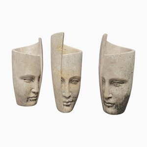 Cache-Pots en Marbre et Travertin Sculptés à la Main avec Reliefs du Visage, Italie, 1980, Set de 3