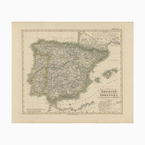 Antique Map of Spain and Portugal Hand-Colored Engraving by Stülpnagel, 1857
