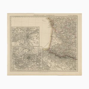 Antique Map of Southwestern France with Insets of Paris and Lyon, 1858