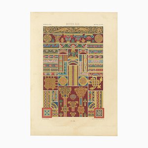 D'après Racinet, ornement décoratif du Moyen Âge riche en bordures et motifs romans, 1869, impression