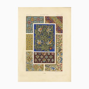 Medieval Flora and Birds Gothic Illuminated Ornament Print, 1869, Paper