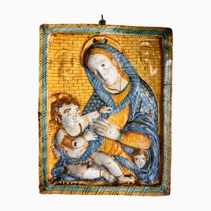 Antique Polychrome Ceramic Madonna and Child Plaque from Deruta, Mid-17th Century