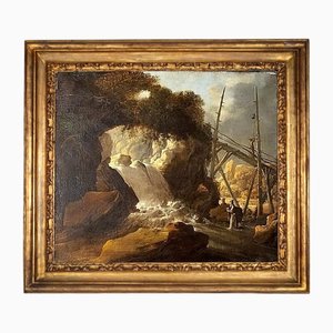 Paysage avec Cascade et Personnages, Huile sur Toile, Fin du 17ème Siècle, encadré