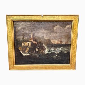 After Monsù Montagna, paysage marin, années 1600, peinture sur toile, encadrée