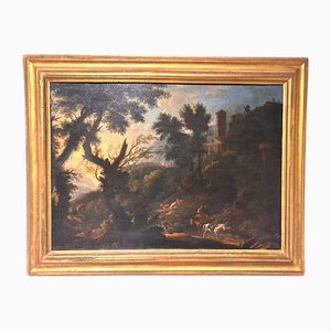 Morgendämmerung in der Landschaft von Latium mit Reisenden und Figuren, Ende 17. Jh., Öl auf Leinwand