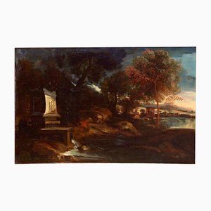 Central Italian Artist, River Landscape with Roman Fountain, 17th Century, Canvas Painting, Framed