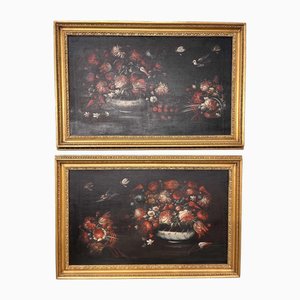 Still Lifes with Vases of Flowers and Birds, 1600s, Oil on Canvases, Set of 2