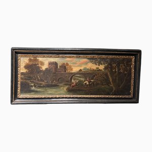 Wanderers Fishing Near Ponte Mammolo, Late 17th Century, Overdoor Oil Painting on Canvas
