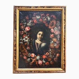 Roman School Artist, Salvador Mundi Within a Garland of Flowers, Late 17th Century, Painting, Framed