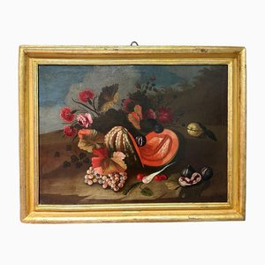 Emilian Area Artist, Still Life of Flowers and Fruit, Early 18th Century, Canvas Painting