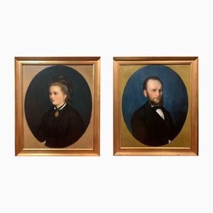 Carlo Botti, Portraits with Gentleman and Lady, 1875, Oil on Canvas, Framed, Set of 2