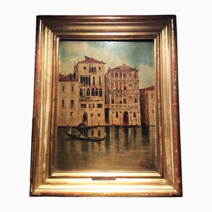 View of the Grand Canal and Palazzo Ca' Dario with Gondoliers, Oil on Board