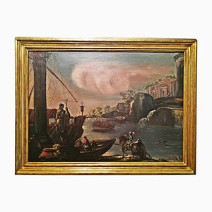 Artista di scuola romana, Paesaggio marino con architettura e figure, XVII secolo, Pittura