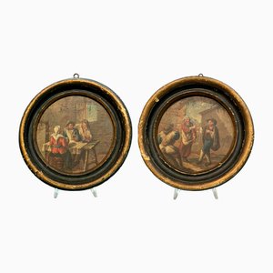 After Paolo Monaldi, Small Round Popular Scenes, Paintings, Set of 2