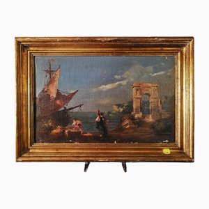 G. Ferrari, Seascape with Classical Ruins and Apennine Landscape, Oil on Canvas, Framed