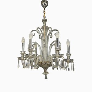 Lustre à Six Bras en Verre Cristal de Bohemia, 1930s
