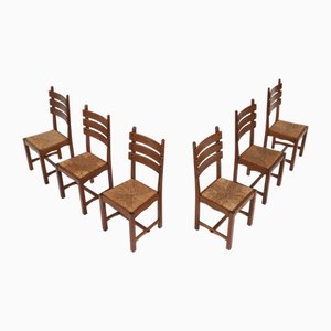 Chaises de Salle à Manger Brutalistes en Chêne et Osier, 1950s, Set de 6