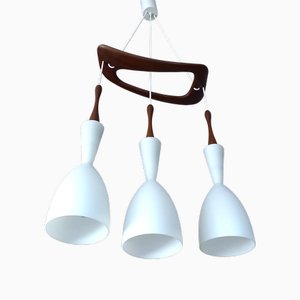 Lampe à Suspension Mid-Century en Teck et Verre de Rispal