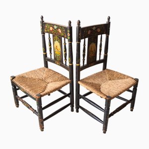 Set of Antique Hand Painted Wood and Rush Low Chairs, 1910