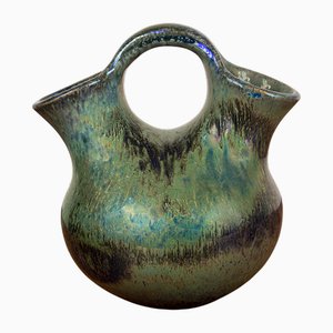 Art Deco Style Double-Necked Vase in Iridescent Green Flamed Stoneware by Alphonse Cytère, 1920