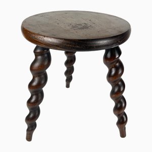 Tabouret Antique en Bois avec Pieds Tordus, 1890s