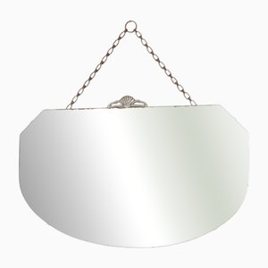 Art Deco Distressed Wall Mirror with Bevelled Frameless Edge and Chrome Shell Crest, 1930s