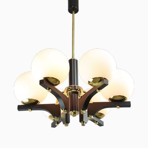 Lampadario Mid-Century moderno in ottone e opalino, Italia