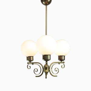 Lustre Vintage en Laiton et Opaline, Italie