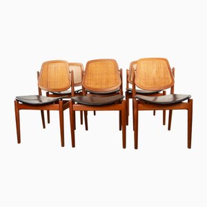 Vintage Danish Chairs in Teak with Cane and Leather by Arne Vodder for France & Son, 1950s, Set of 6