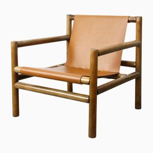 Poltrona Mid-Century moderna in legno e similpelle marrone, Scandinavia, anni '60