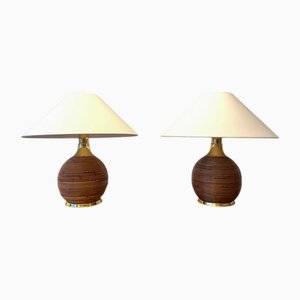 Lampes de Bureau Vintage en Rotin et Laiton, 1980, Set de 2