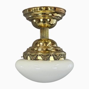 Art Nouveau Brass Ceiling Light with Opaline Glass, 1900s