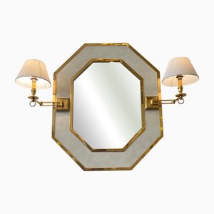 Miroir Néoclassique en Laiton et Similicuir avec Éclairage par Guy Lefèvre pour Maison Jansen, 1970